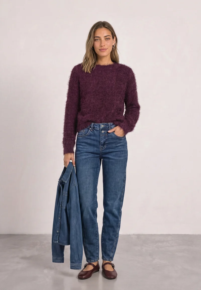 rounded neck fringe sweater, rustic rouge