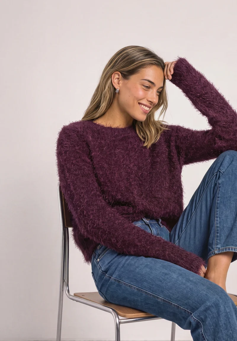 rounded neck fringe sweater, rustic rouge