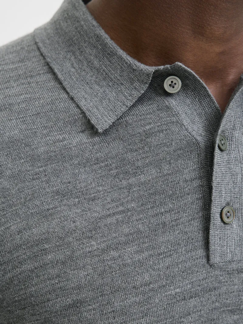 JJMERINO KNIT POLO, Medium Grey Melange