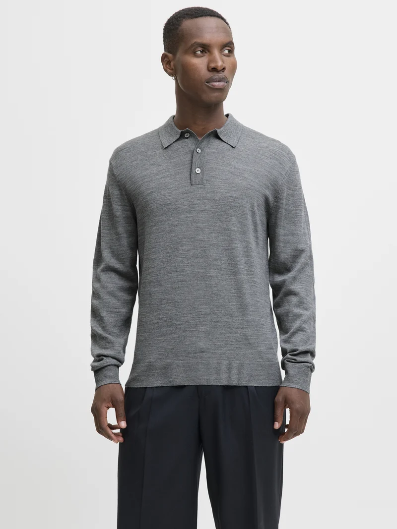 JJMERINO KNIT POLO, Medium Grey Melange