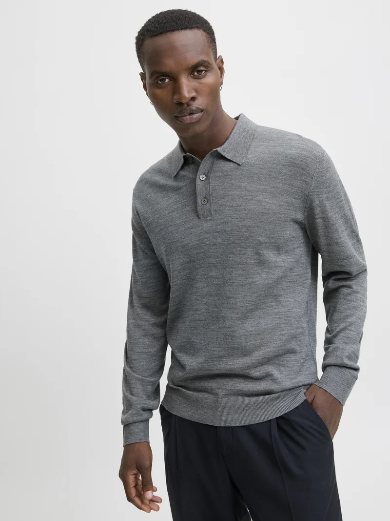 JJMERINO KNIT POLO, Medium Grey Melange
