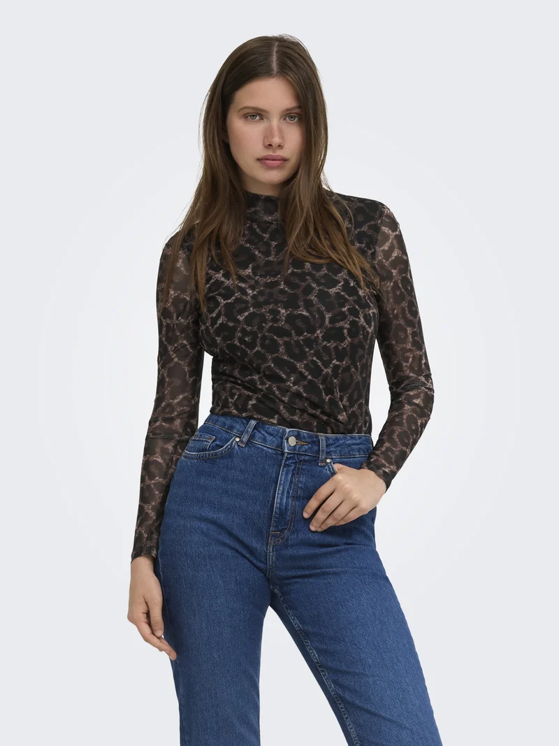 ONLERICA MESH L/S TOP JRS NOOS, Raw Umber/Black leo vibe