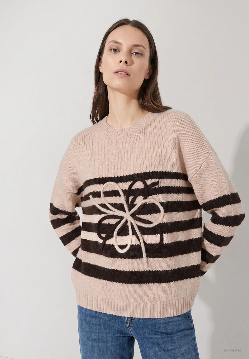 Striped Pullover with Artwork, knit stripes espresso brown powder