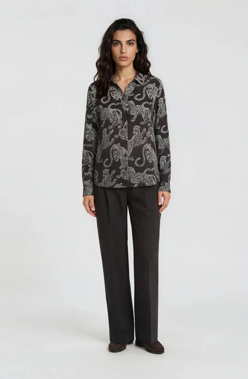 SHIRT BLOUSE 1/1 SLEEVE, MOCCA PRINT