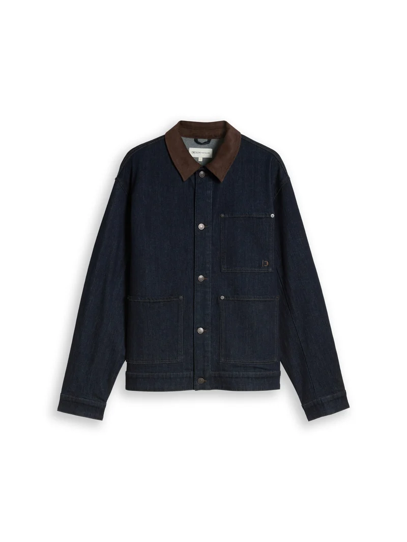 denim blouson with corduroy co, Rinsed Blue Denim