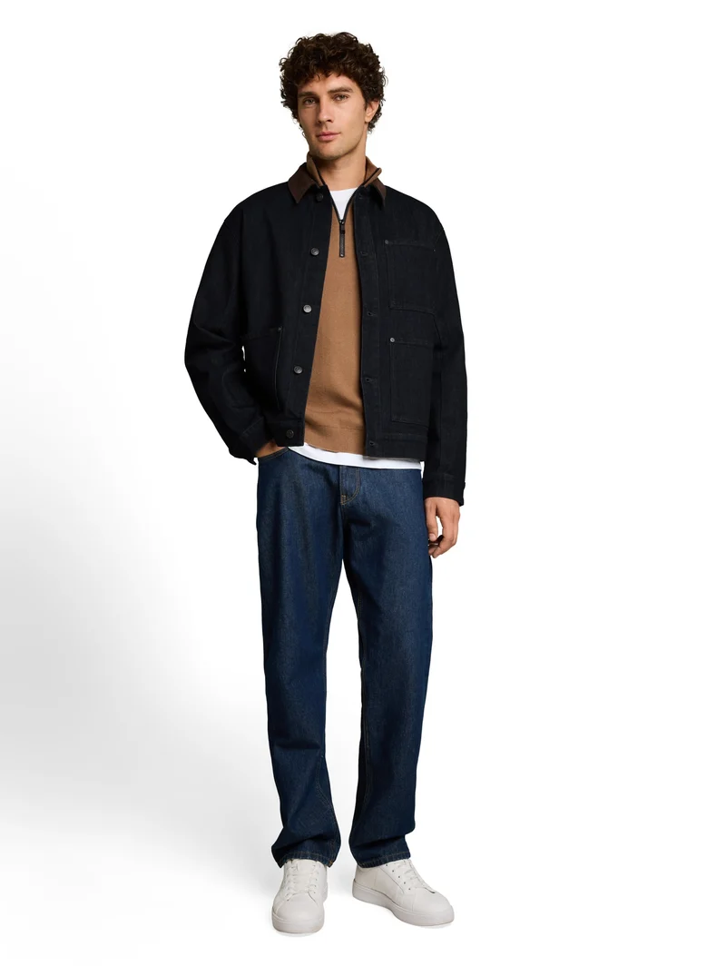 denim blouson with corduroy co, Rinsed Blue Denim