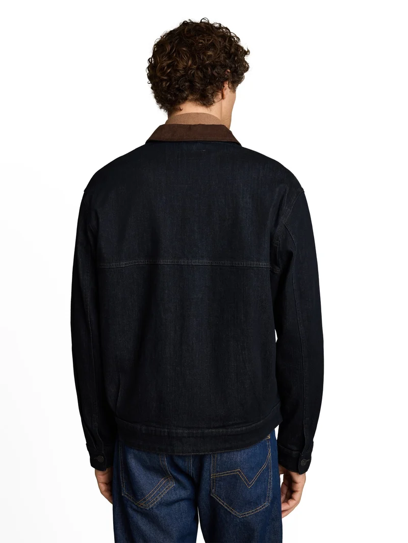denim blouson with corduroy co, Rinsed Blue Denim