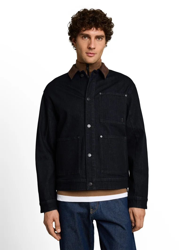 denim blouson with corduroy co, Rinsed Blue Denim