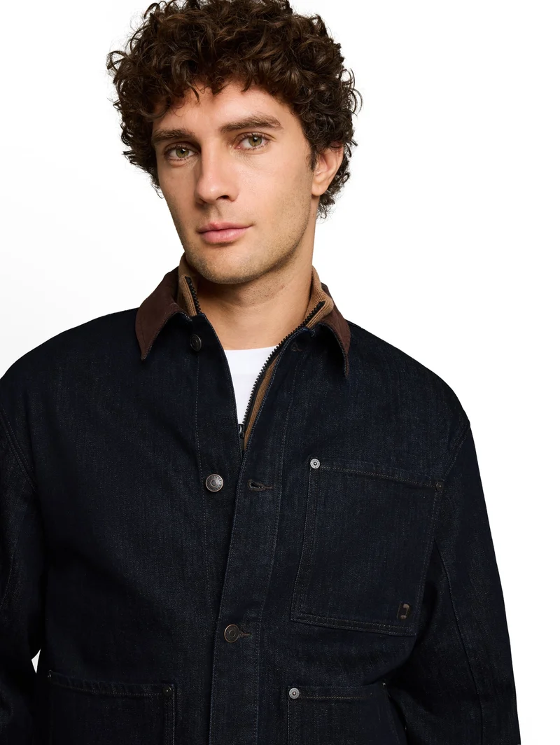 denim blouson with corduroy co, Rinsed Blue Denim
