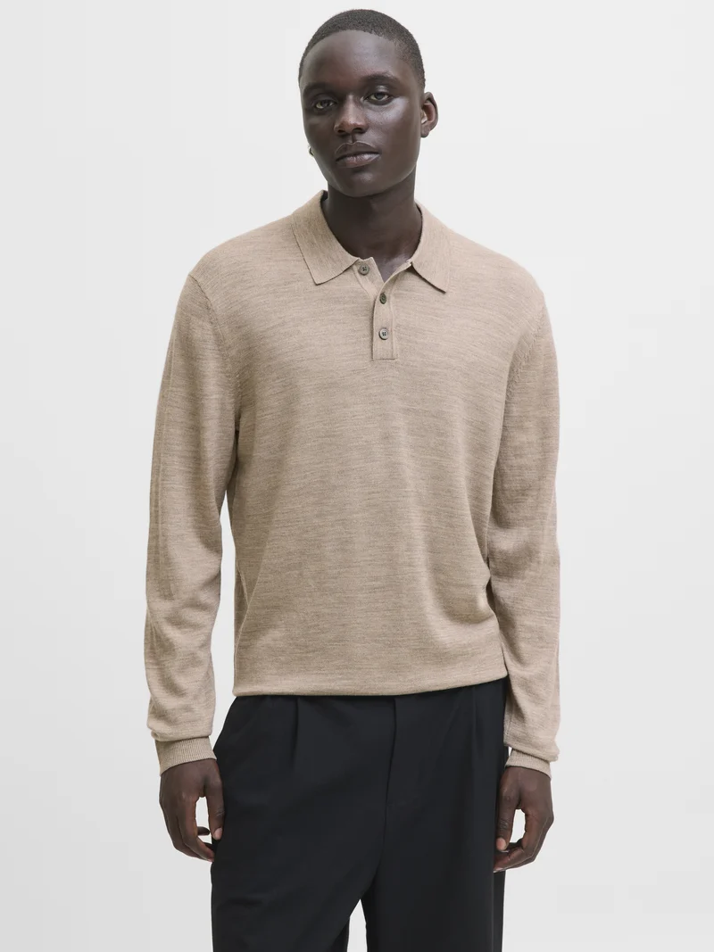 JJMERINO KNIT POLO, Greige/Melange