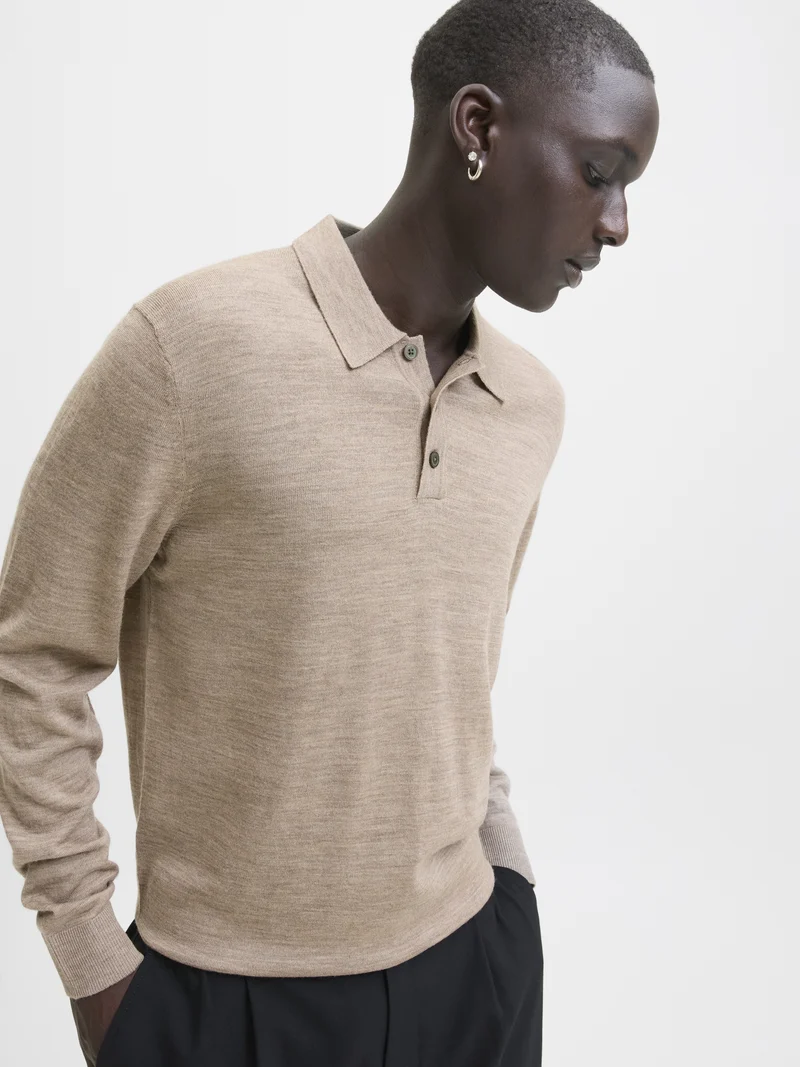 JJMERINO KNIT POLO, Greige/Melange