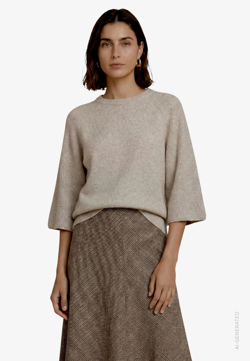 Strickpullover Kurz 3/4 Arm, Light Beige Melange