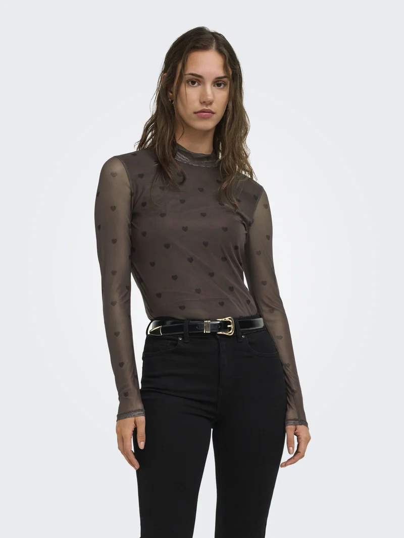 ONLERICA MESH L/S TOP JRS NOOS, Coffee Bean/Black heart