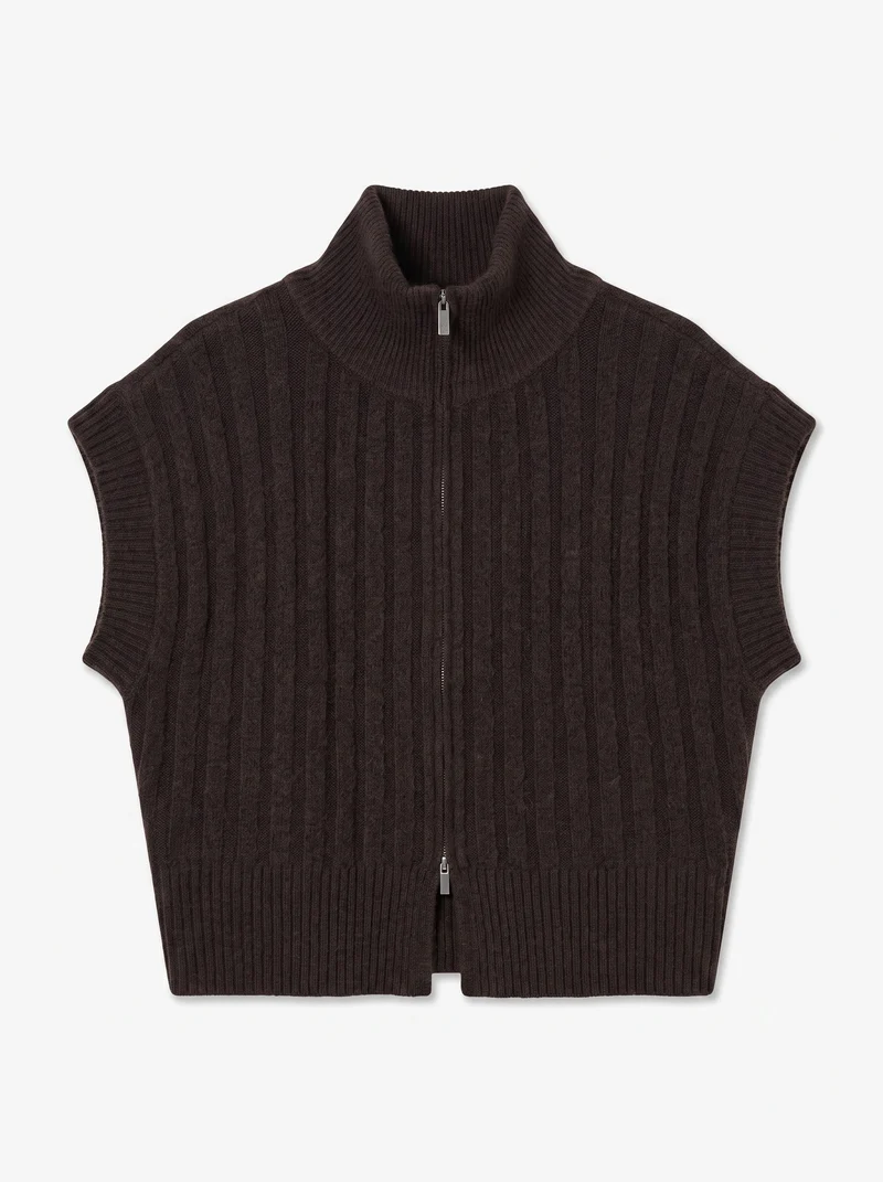 VMBANG RIB SL HIGHNECK ZIPPER VEST, Chocolate Torte/MELANGE