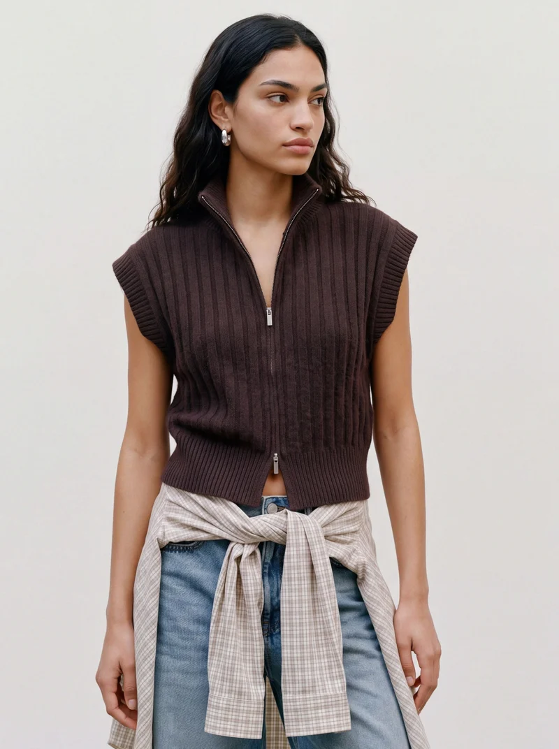 VMBANG RIB SL HIGHNECK ZIPPER VEST, Chocolate Torte/MELANGE
