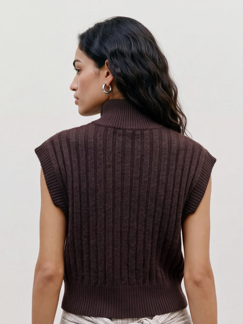 VMBANG RIB SL HIGHNECK ZIPPER VEST, Chocolate Torte/MELANGE