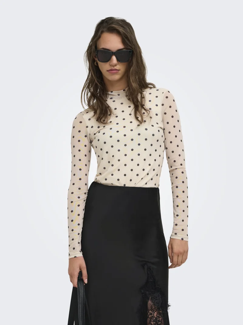 ONLERICA MESH L/S TOP JRS NOOS, Seedpearl/Black dot