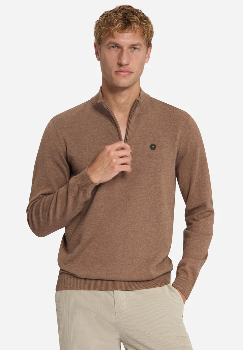 Pullover Half Zip Melange, Light Brown
