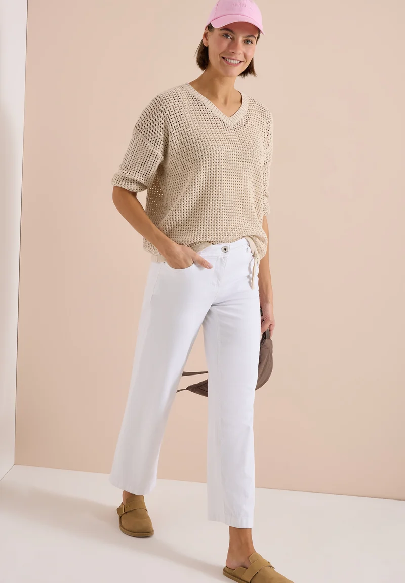 TOS_Crochet V-neck, pearl beige