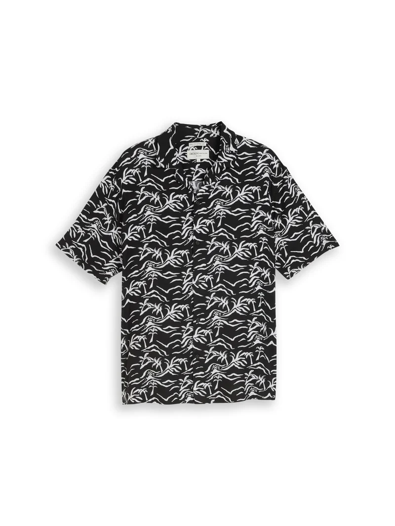 relaxed printed viscose linen, black sun palm print