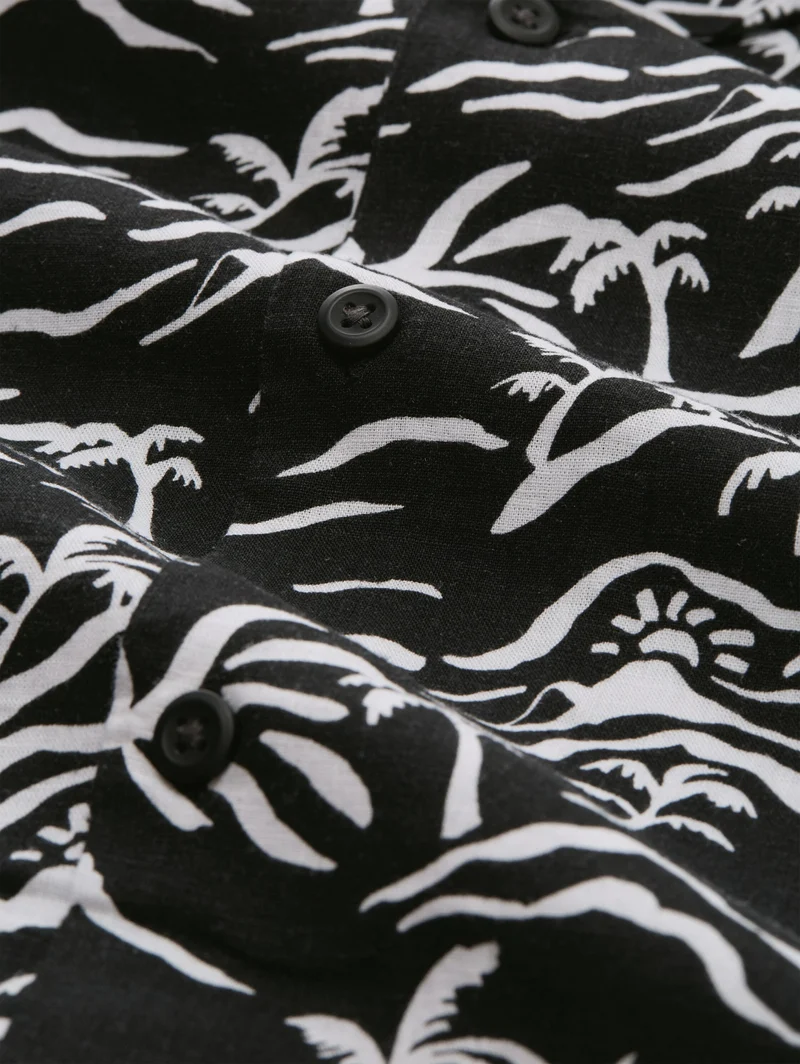 relaxed printed viscose linen, black sun palm print
