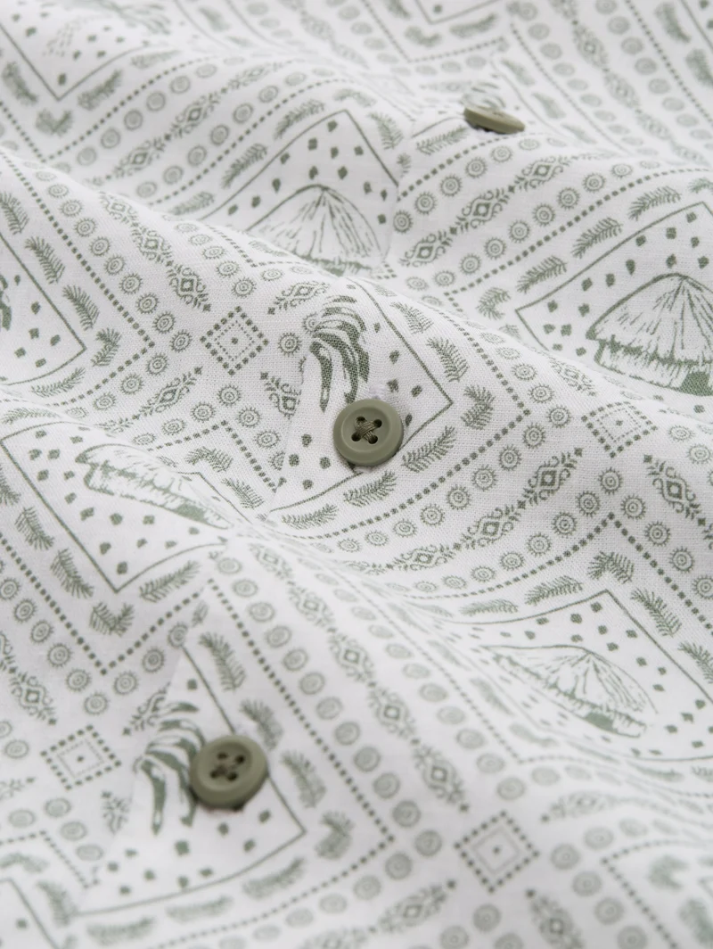 relaxed printed viscose linen, green white tropical print