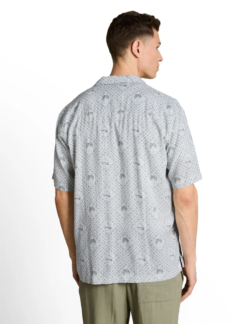 relaxed printed viscose linen, green white tropical print