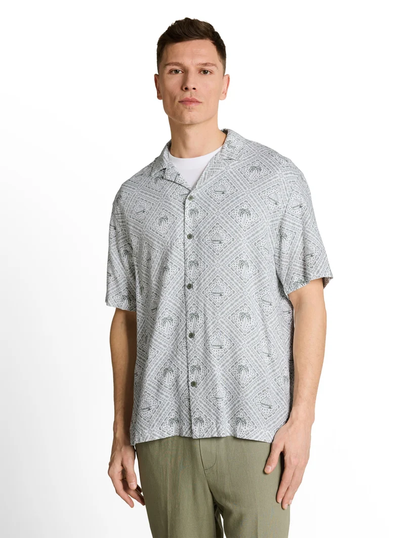 relaxed printed viscose linen, green white tropical print