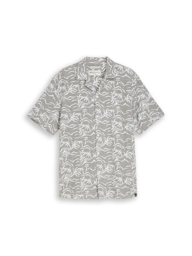relaxed printed viscose linen, green chambray sun palm print