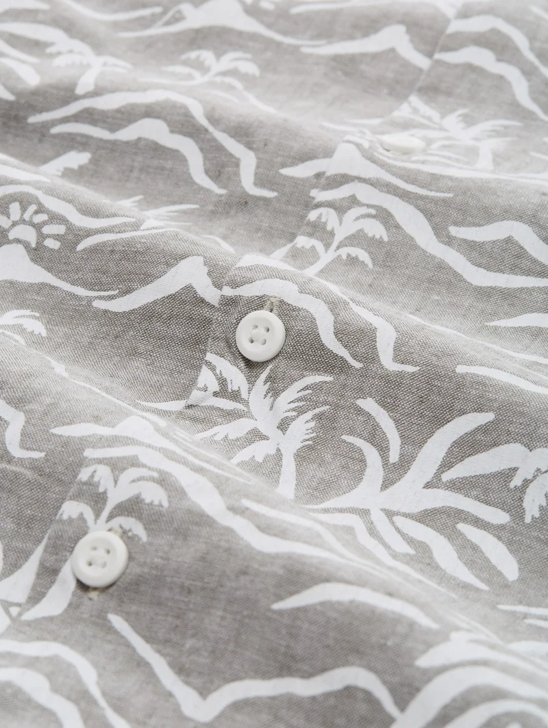 relaxed printed viscose linen, green chambray sun palm print