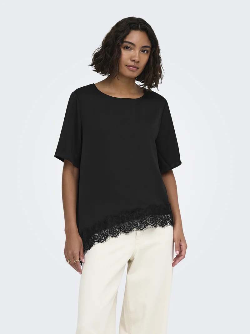 JDYURBA S/S ASSYMMETRIC TOP WVN EXP, Black/WITH BLACK LACE