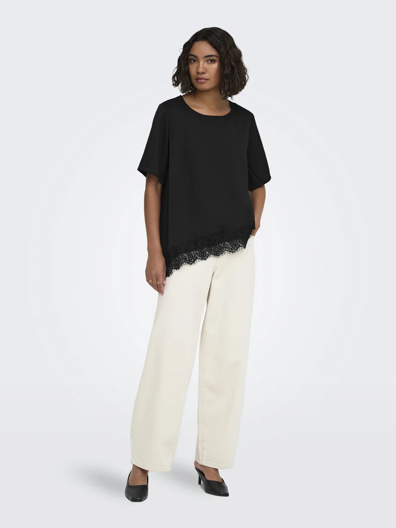 JDYURBA S/S ASSYMMETRIC TOP WVN EXP, Black/WITH BLACK LACE