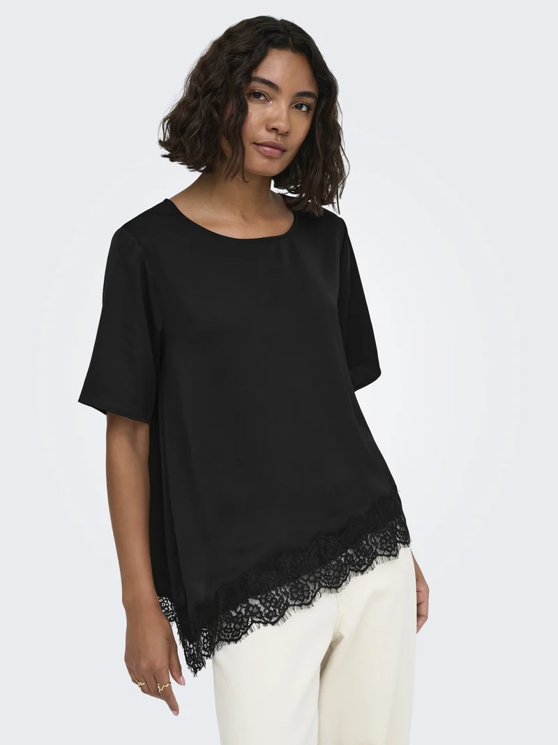 JDYURBA S/S ASSYMMETRIC TOP WVN EXP, Black/WITH BLACK LACE