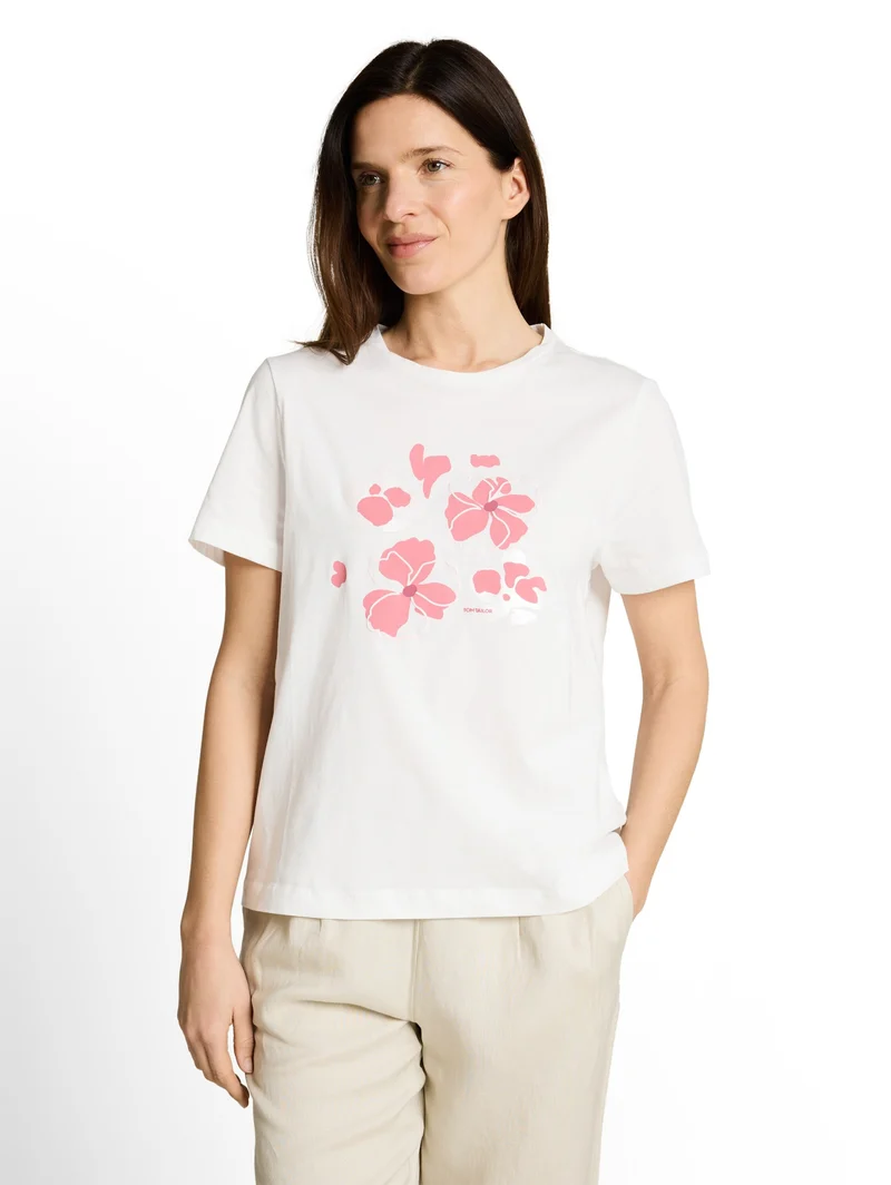 T-shirt basic crew neck print, Whisper White