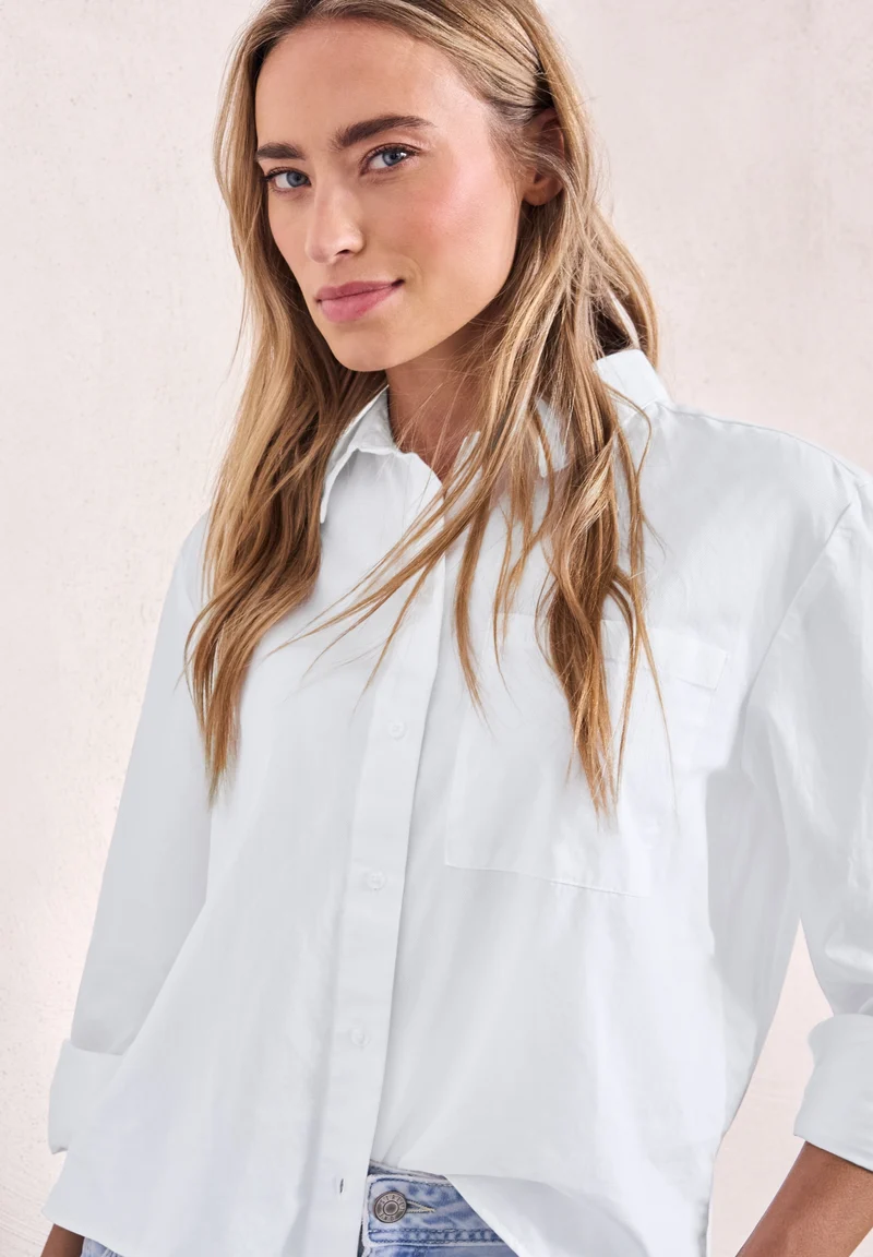 QR Cotton shirtcollar blouse w, White