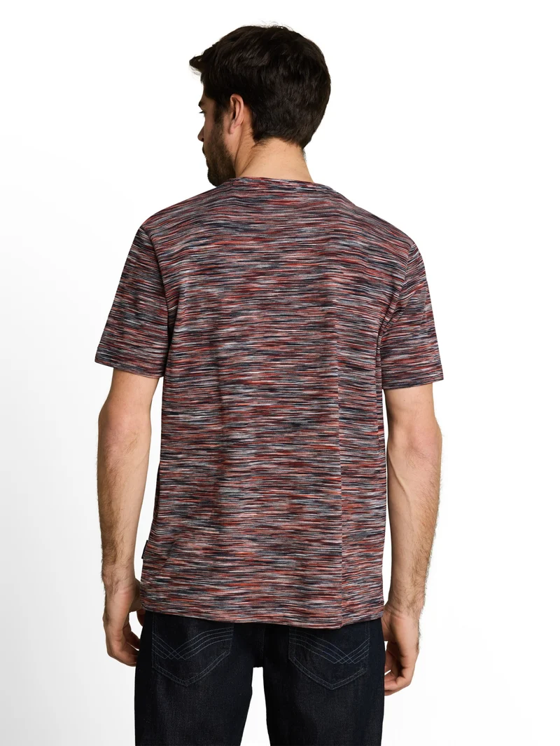 multicolored t-shirt, green red navy spacedye pique
