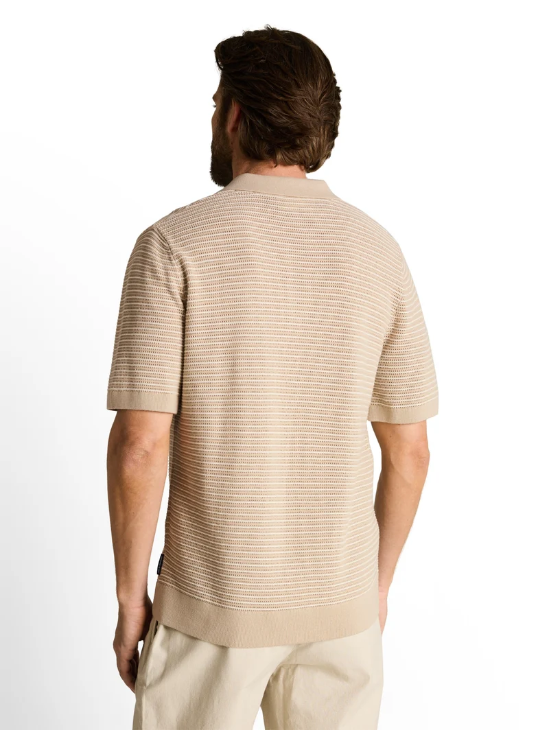 structured stripe knit polo, cashew beige offwhite stripe