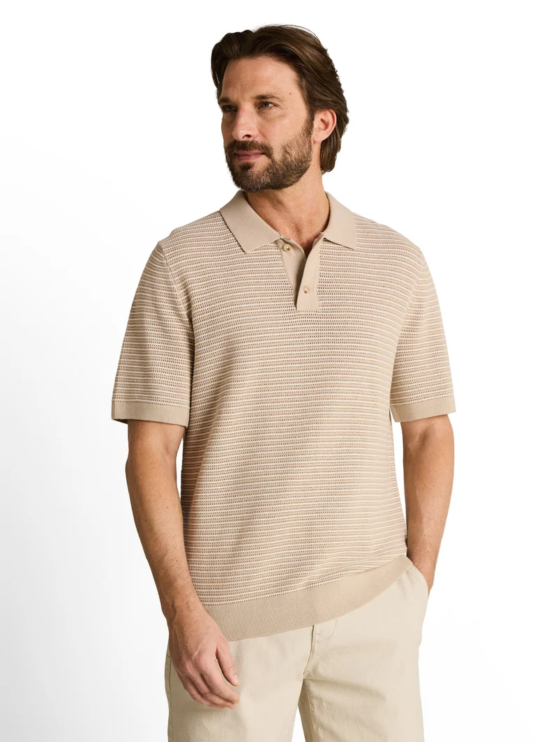 structured stripe knit polo, cashew beige offwhite stripe