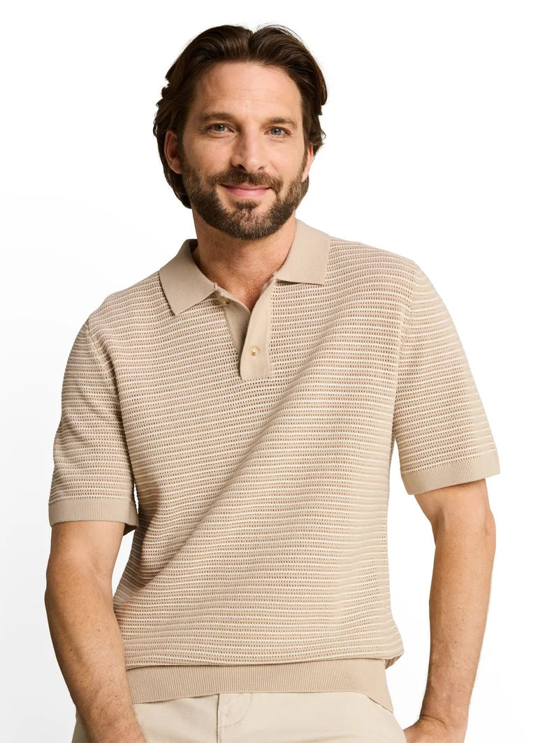 structured stripe knit polo, cashew beige offwhite stripe