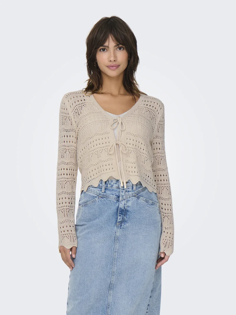 JDYSUN LAY L/S V-NECK TIE CARDIGAN, Tapioca