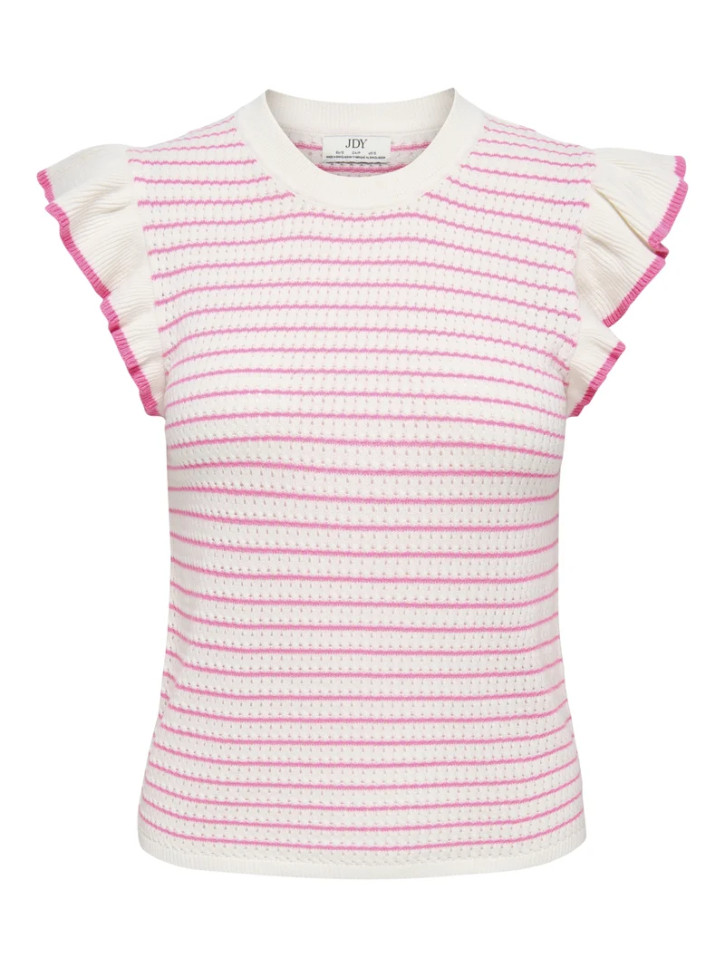 JDYCARICE S/L FRILL PULLOVER KNT NO, Cloud Dancer/W. PINK COSMOS STRUCTU