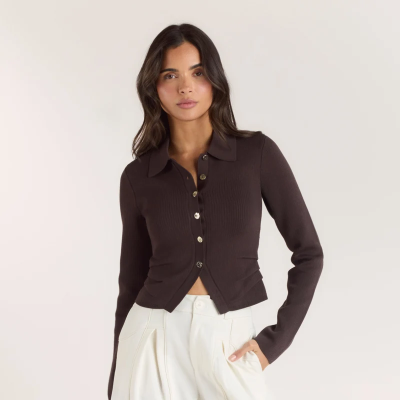 Gerippte Strickjacke - Schokolade