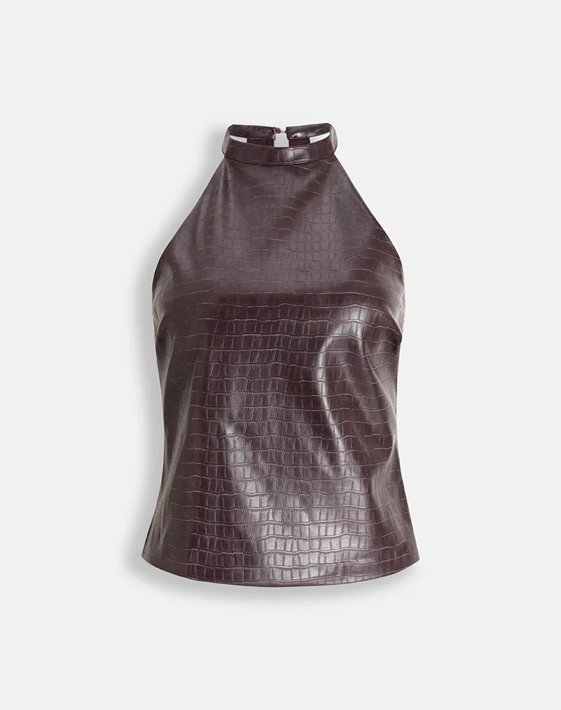 Tali-Top mit hohem Kragen aus PU-Leder in Kroko-Optik, Farbe Aubergine