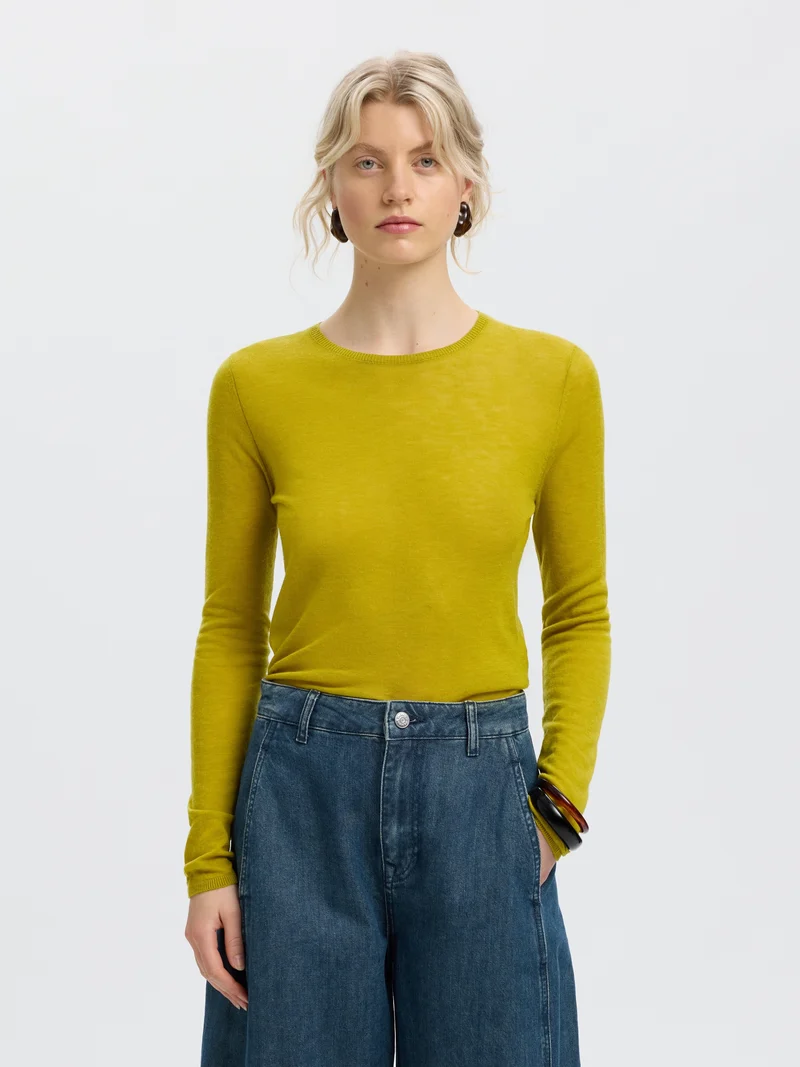 SLWVENDY LS KNIT WOOL O-NECK NOOS, Avocado Oil