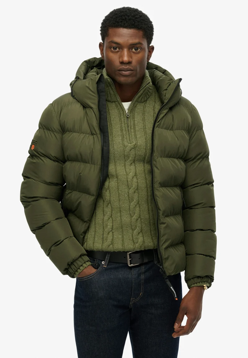 HOODED SPORTS PUFFER JACKET, Army Khaki/Army Khaki