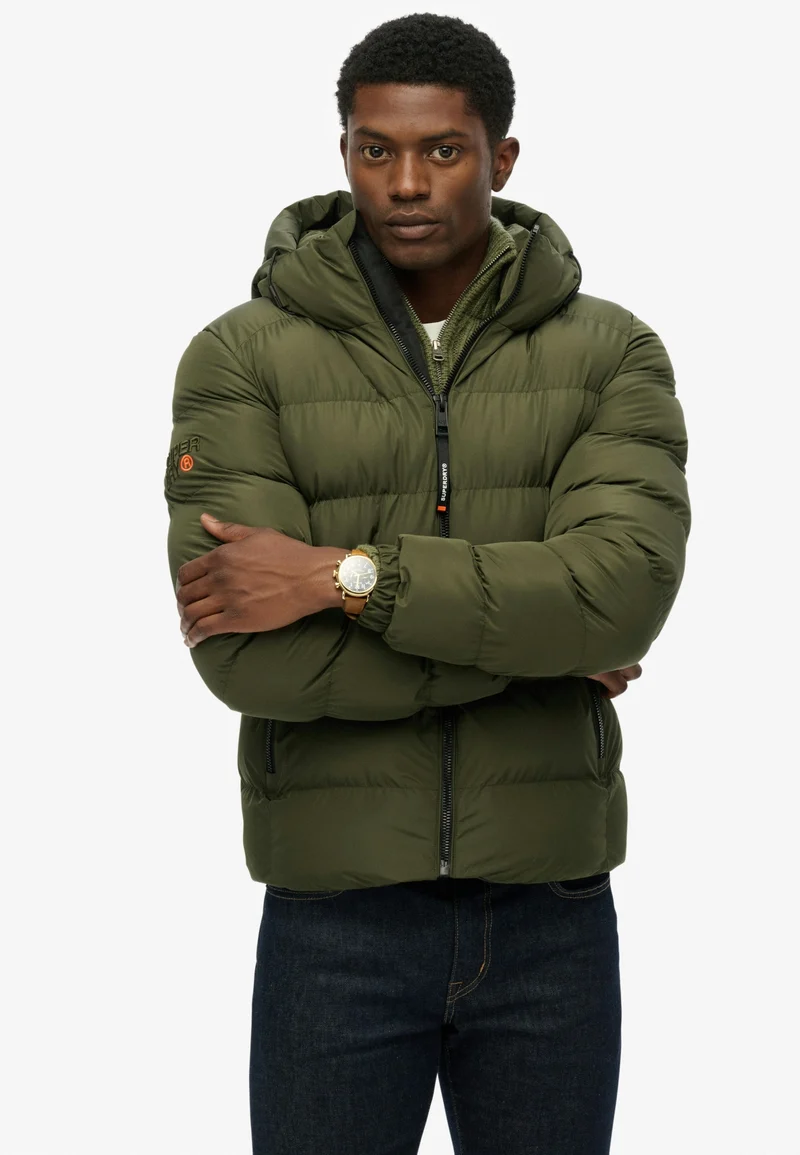 HOODED SPORTS PUFFER JACKET, Army Khaki/Army Khaki