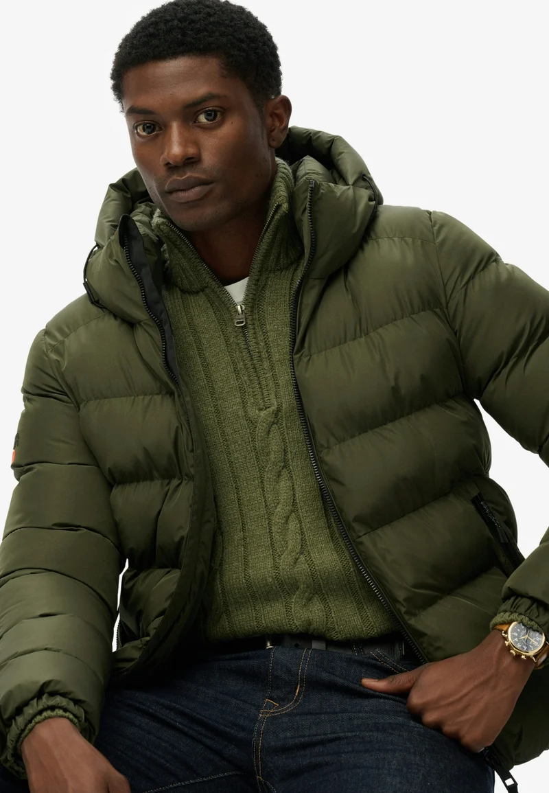 HOODED SPORTS PUFFER JACKET, Army Khaki/Army Khaki