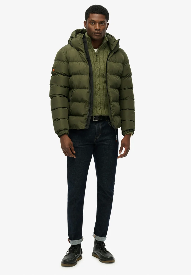 HOODED SPORTS PUFFER JACKET, Army Khaki/Army Khaki
