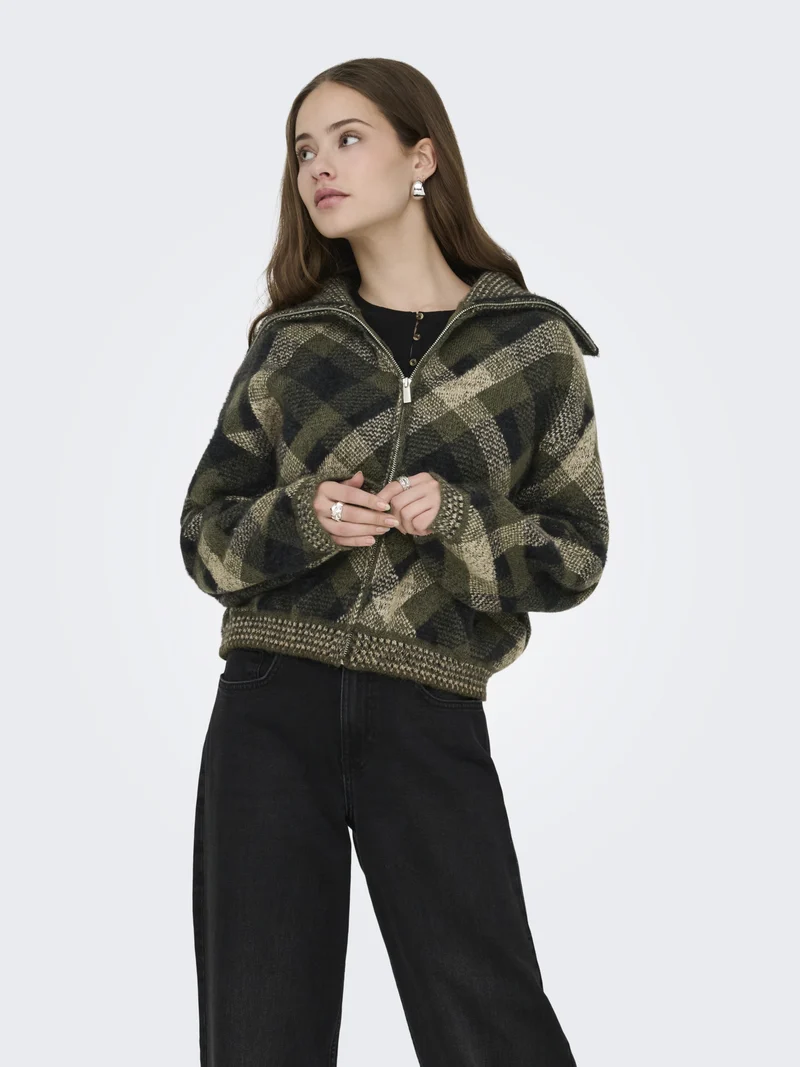ONLMAROON LS ZIP COLLAR CARDIGAN KN, Forest Night/Small/Otter/Black