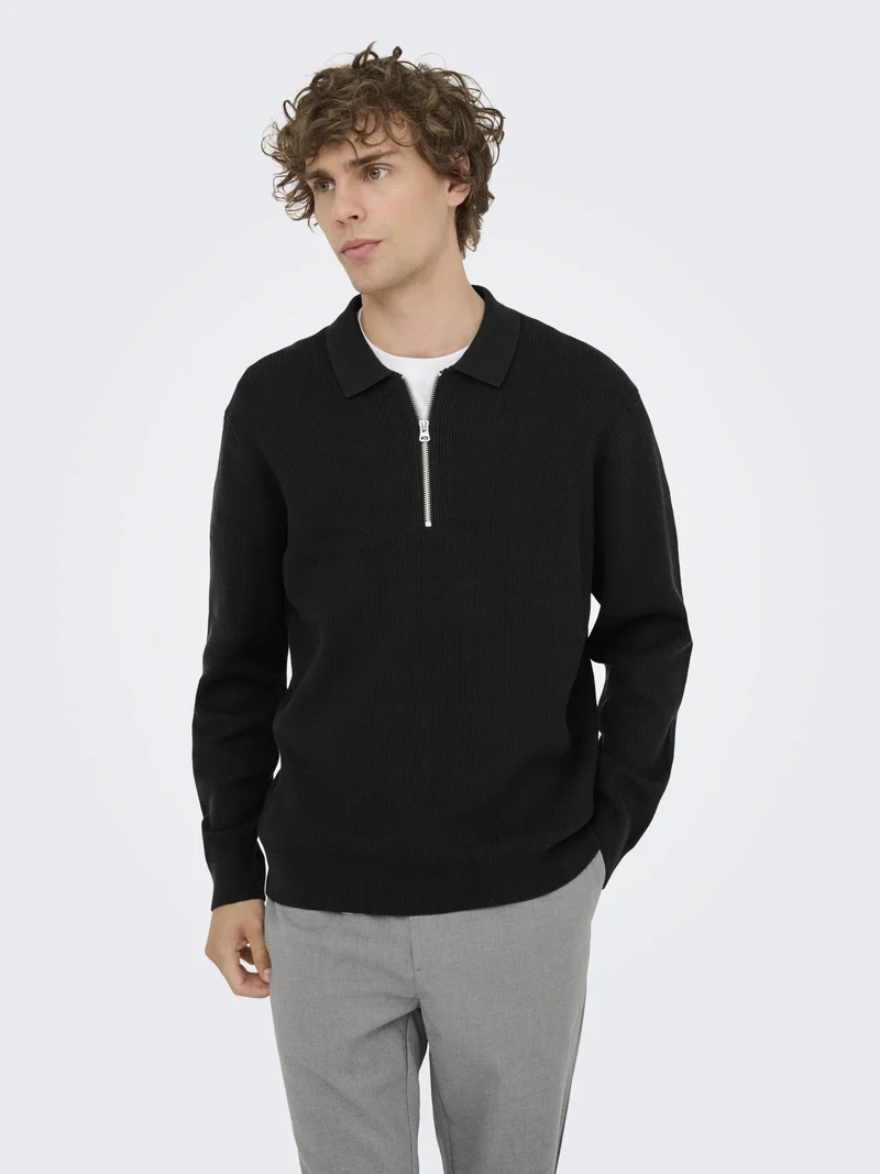 ONSPHIL REG 12 HALF ZIP POLO KNIT, Black